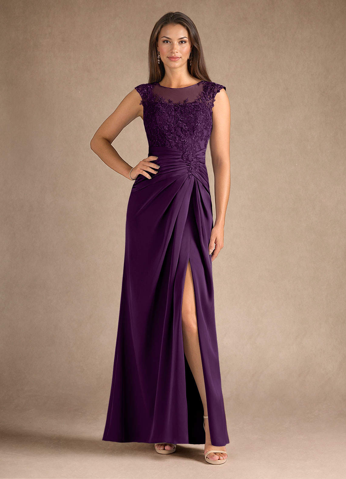 Azazie Santa Barbara Mother of the Bride Dresses Grape Sheath Pleated Stretch Satin Dress image1