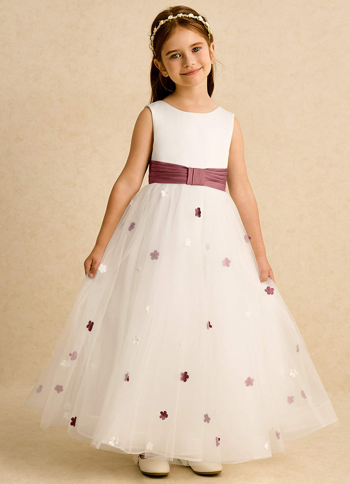 Azazie Cricket vestidos de niña de las flores Vestido de Marfil Amatista de Satin Mate de Princesa con Plisado image1