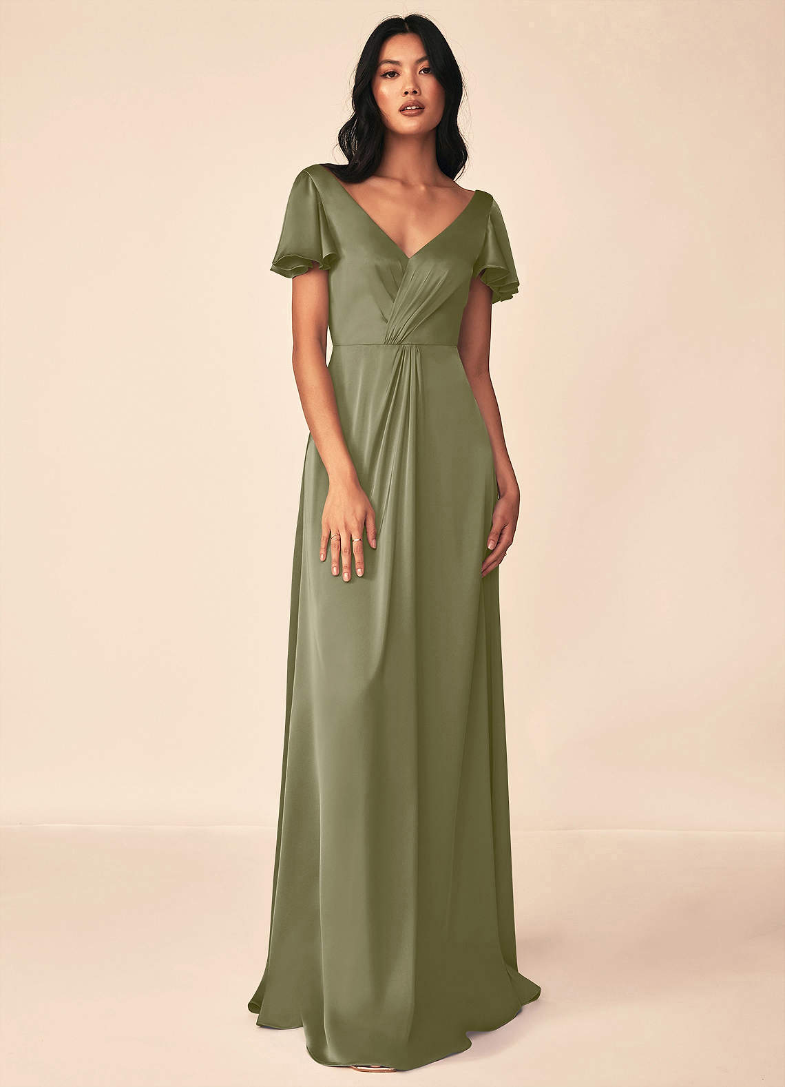 Azazie Soren Bridesmaid Dresses Pistachio A-Line Pleated Stretch Satin Dress image1