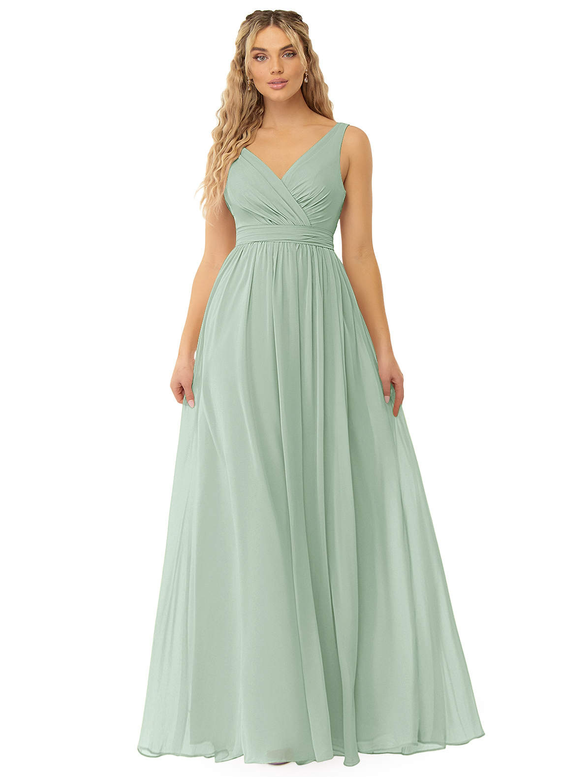 Azazie Kora Brautjungfernkleider A-Linie Plissee Chiffon Kleid Agave image1