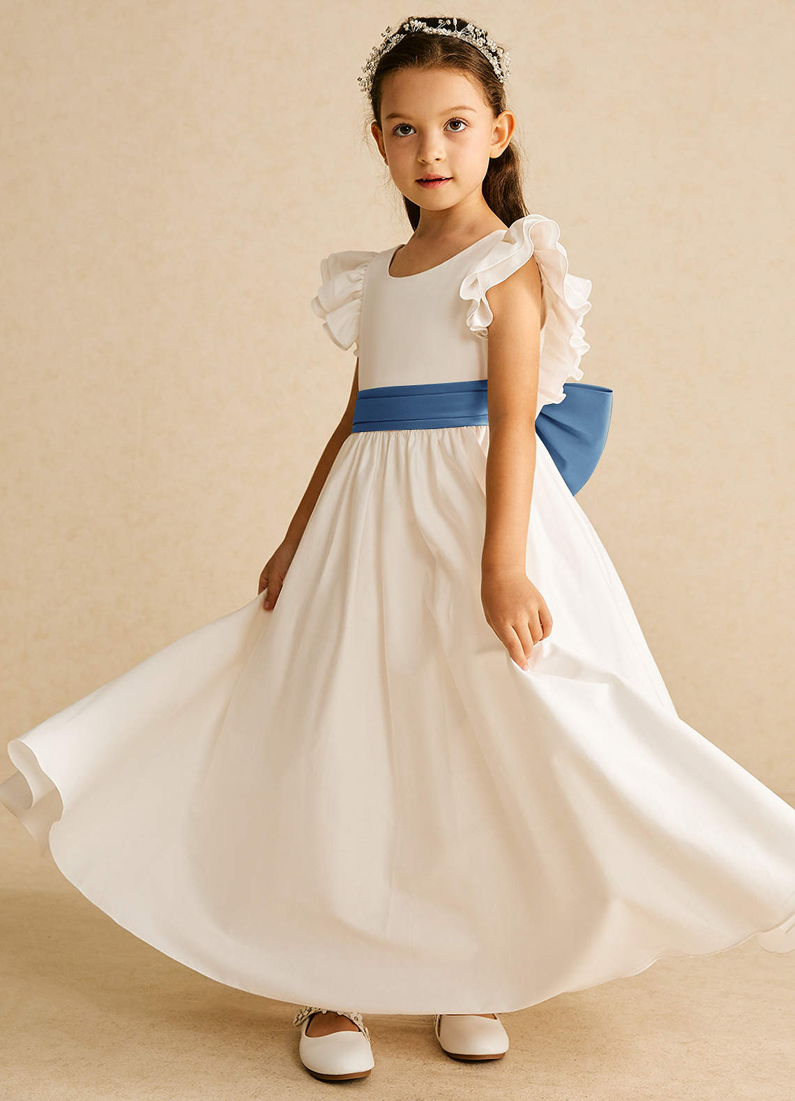 Azazie Aero Flower Girl Dresses Ivory Steel Blue A-Line Pleated Cotton Dress image1