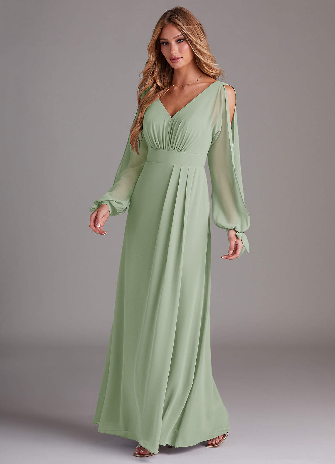 Azazie Matilda Brautjungfernkleider A-Linie Langarm Chiffon Kleid Staubiger Salbeigrün image1