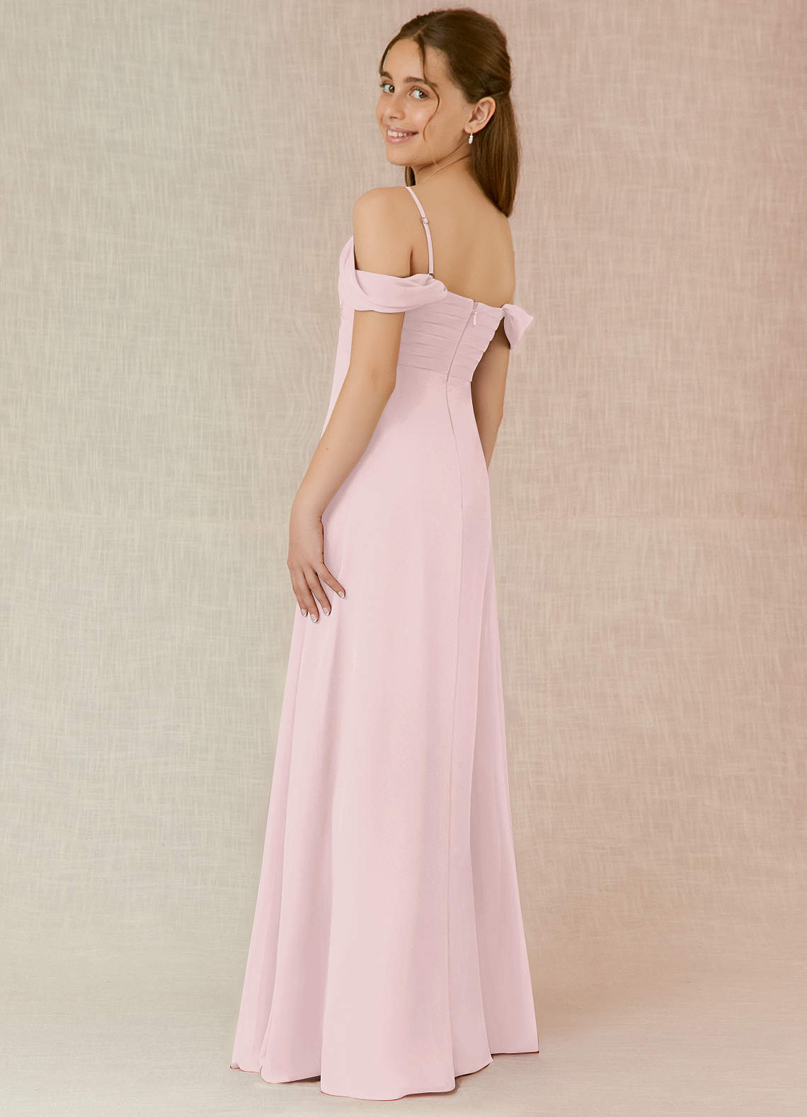 Azazie Kaitlynn Junior Blushing Pink A-Line Off the Shoulder Chiffon Dress image4