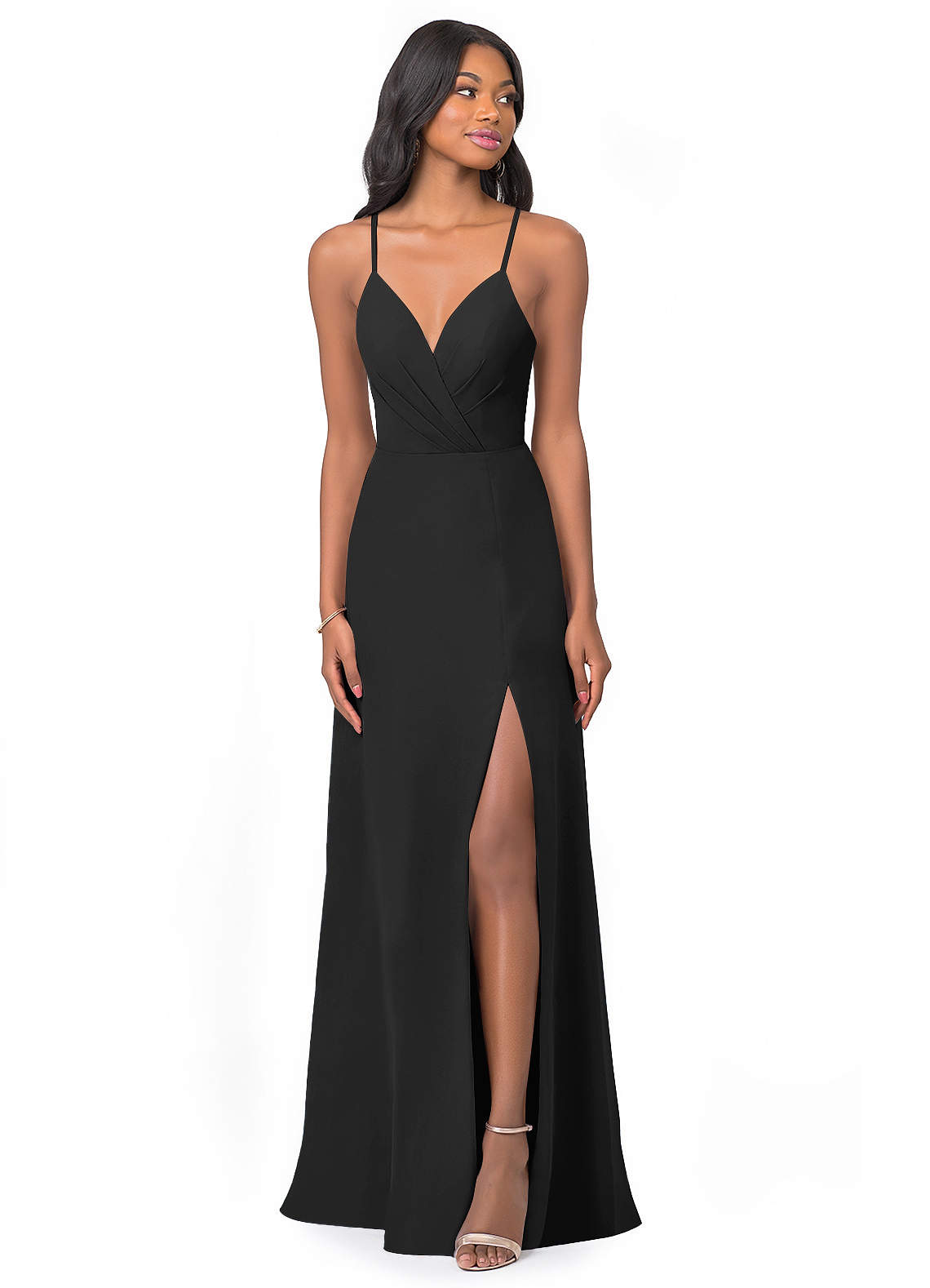 Azazie Everleigh Robes de demoiselle d'honneur Robe Trapèze en Mousseline de soie Plissé en cœur Noir image1
