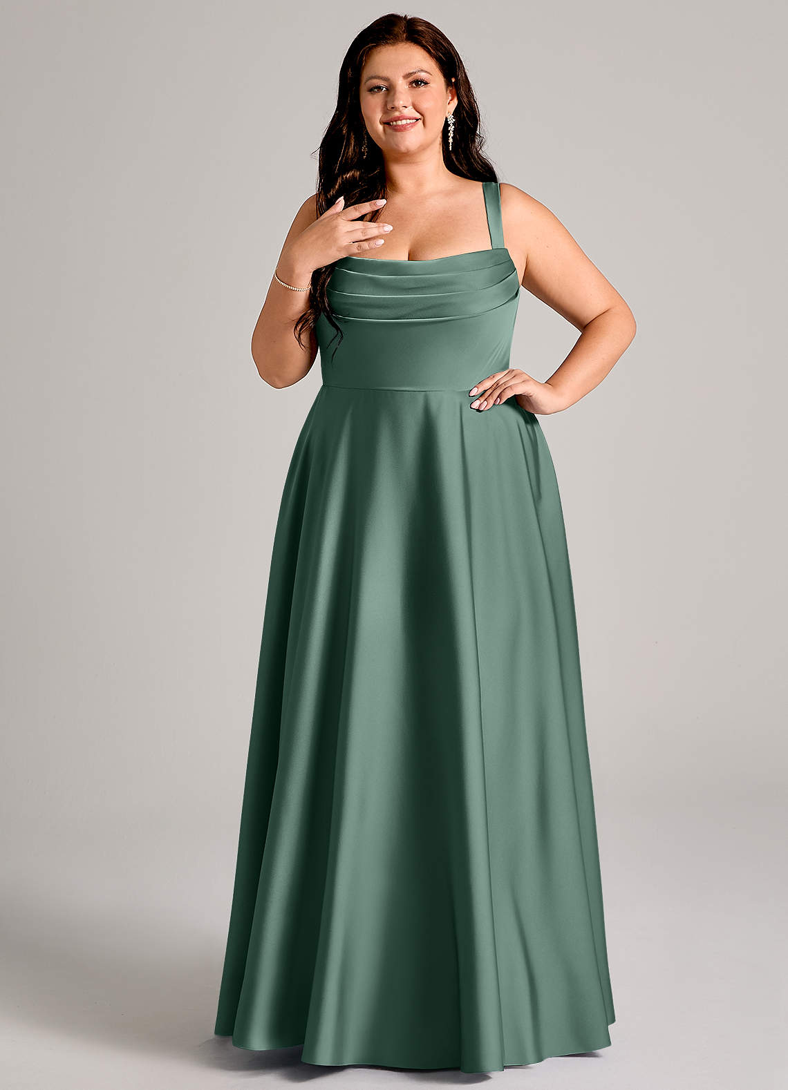 Azazie Shaude Bridesmaid Dresses Eucalyptus A-Line Pleated Stretch Satin Dress image1