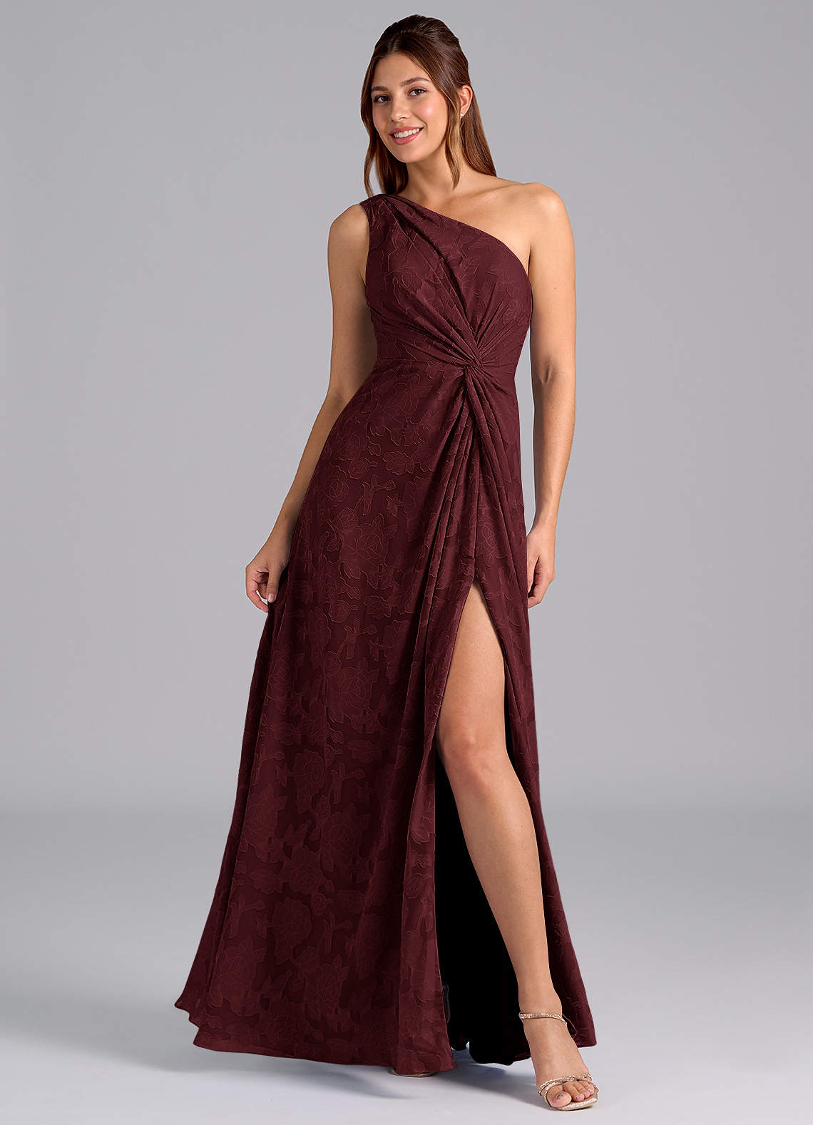 Azazie Brooke Bridesmaid Dresses Cabernet A-Line One Shoulder Floral Burnout Dress image1