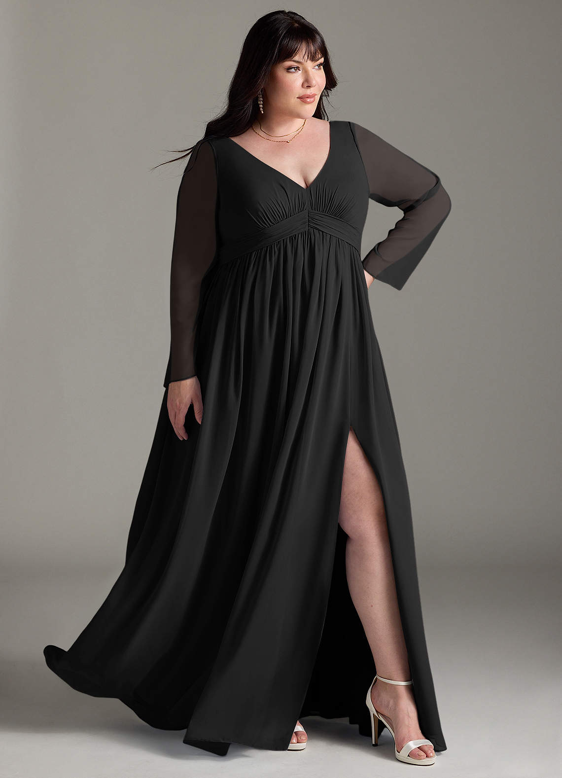 Azazie Teton Vestidos de dama de honra para maternidade Vestido Linha A Manga comprida Comprimento do chão Chiffon image10