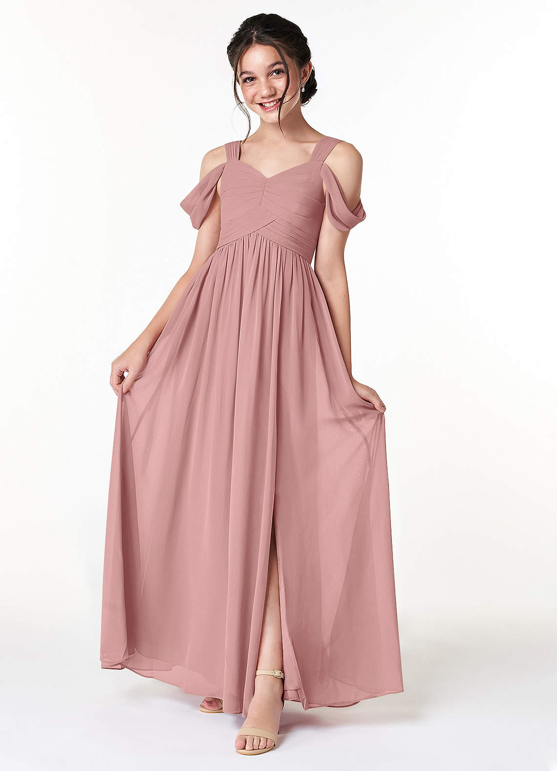 Azazie Lianne Junior Dusty Rose A-Line Off the Shoulder Chiffon Dress image1
