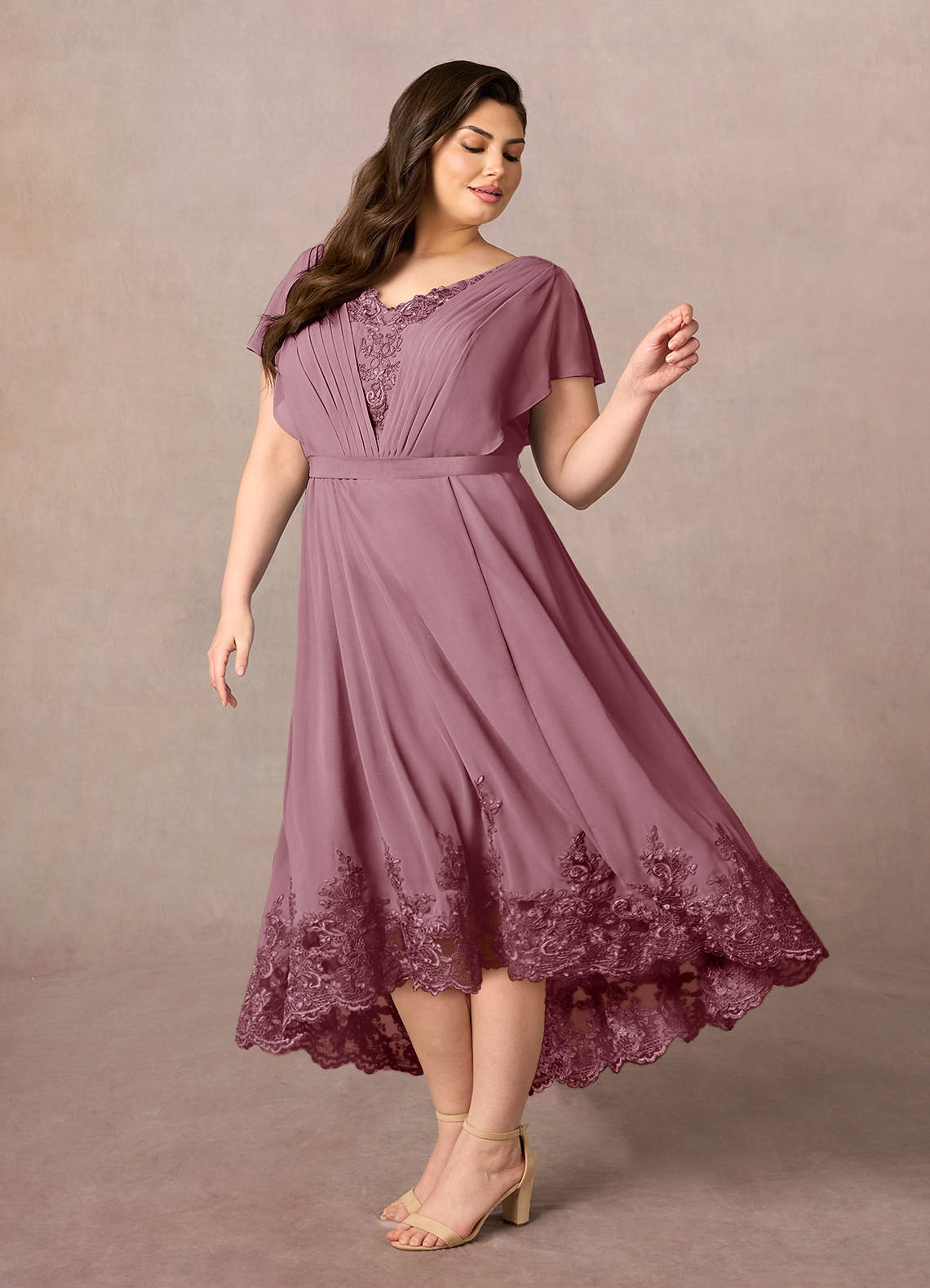 Azazie Palana Mother of the Bride Dresses Vintage Mauve A-Line Lace Chiffon Dress image7