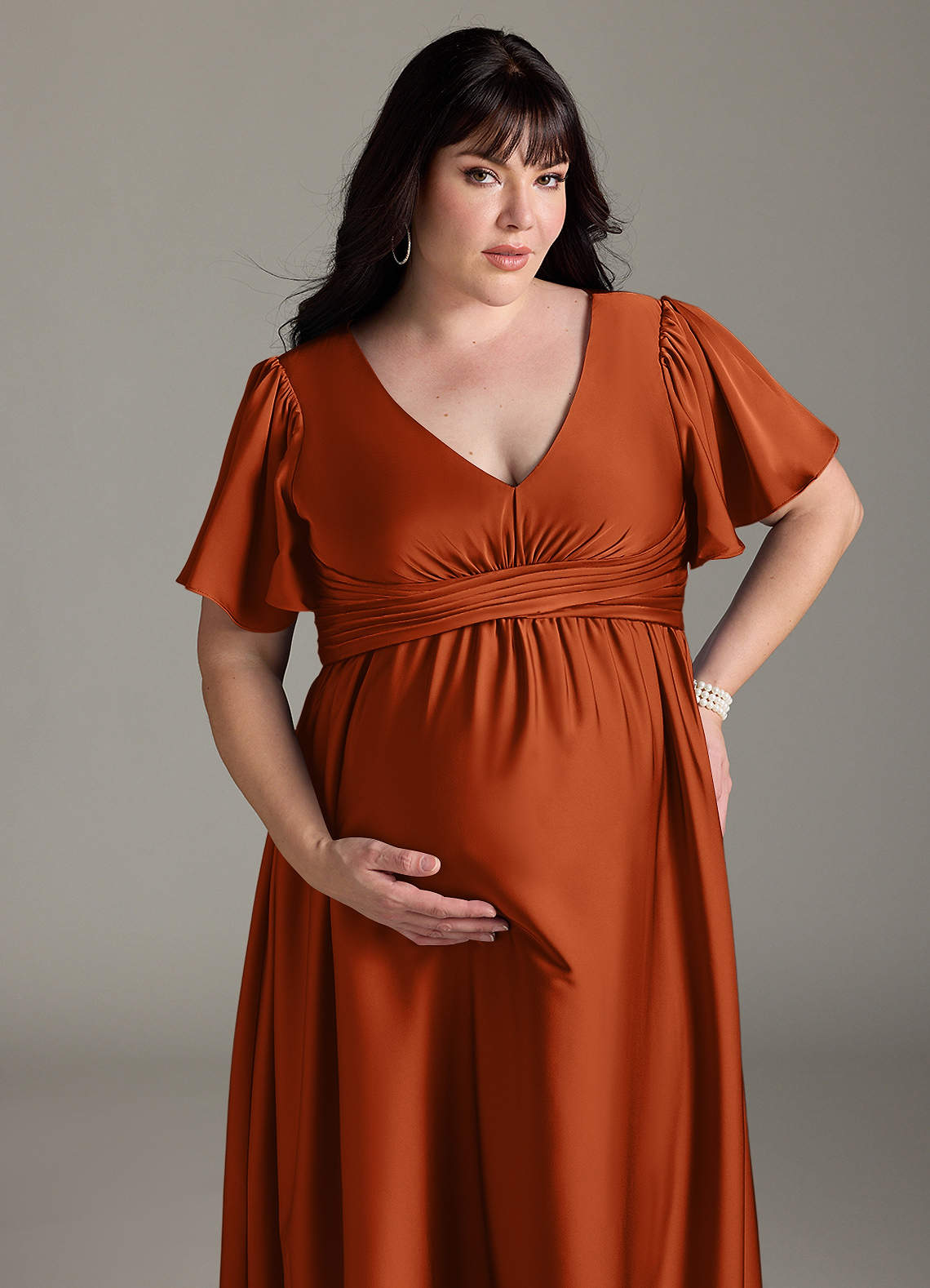 Azazie Verna At-home Try On Dresses A-Line Ruched Stretch Satin Floor-Length Dress image14