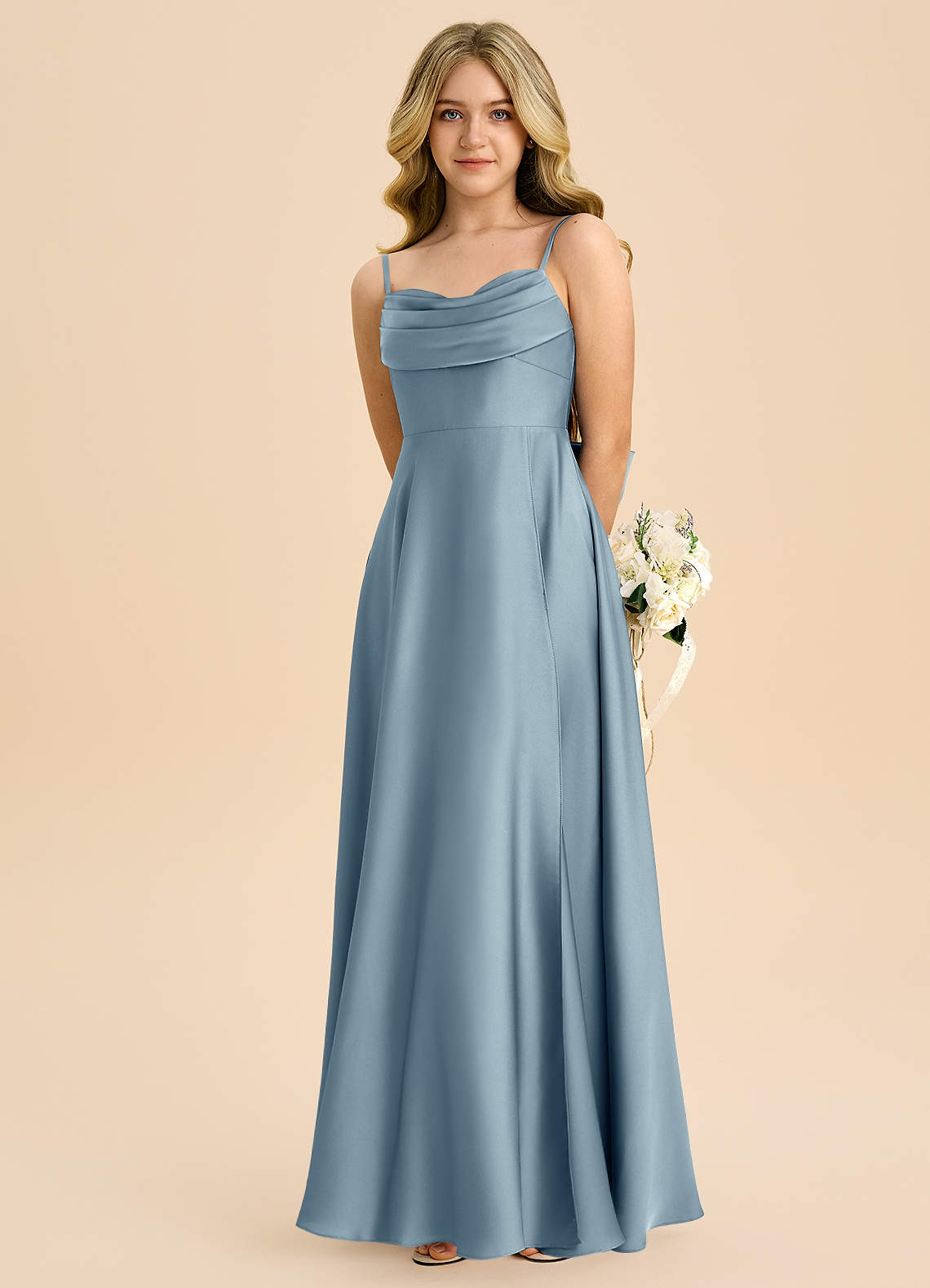 Azazie Bear Junior Dusty Blue A-Line Sweetheart Neckline Stretch Satin Dress image5