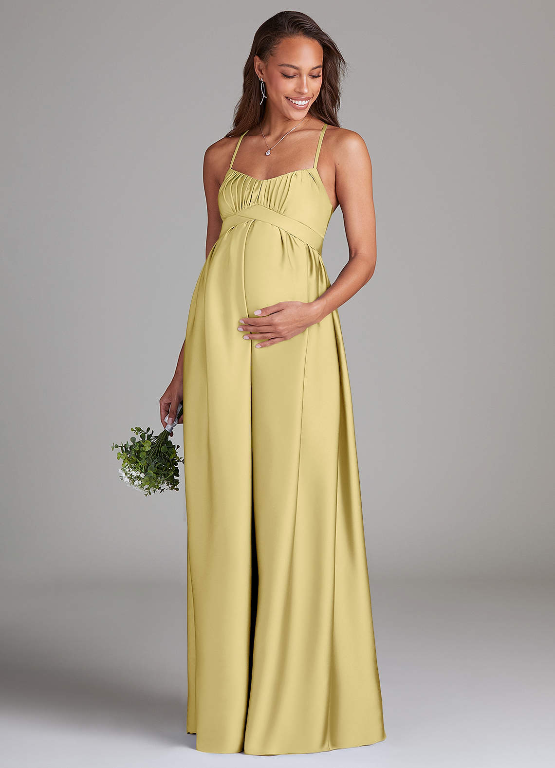 Azazie Llana Maternity Bridesmaid Dresses A-Line Stretch Satin Floor-Length Dress with Pockets image1