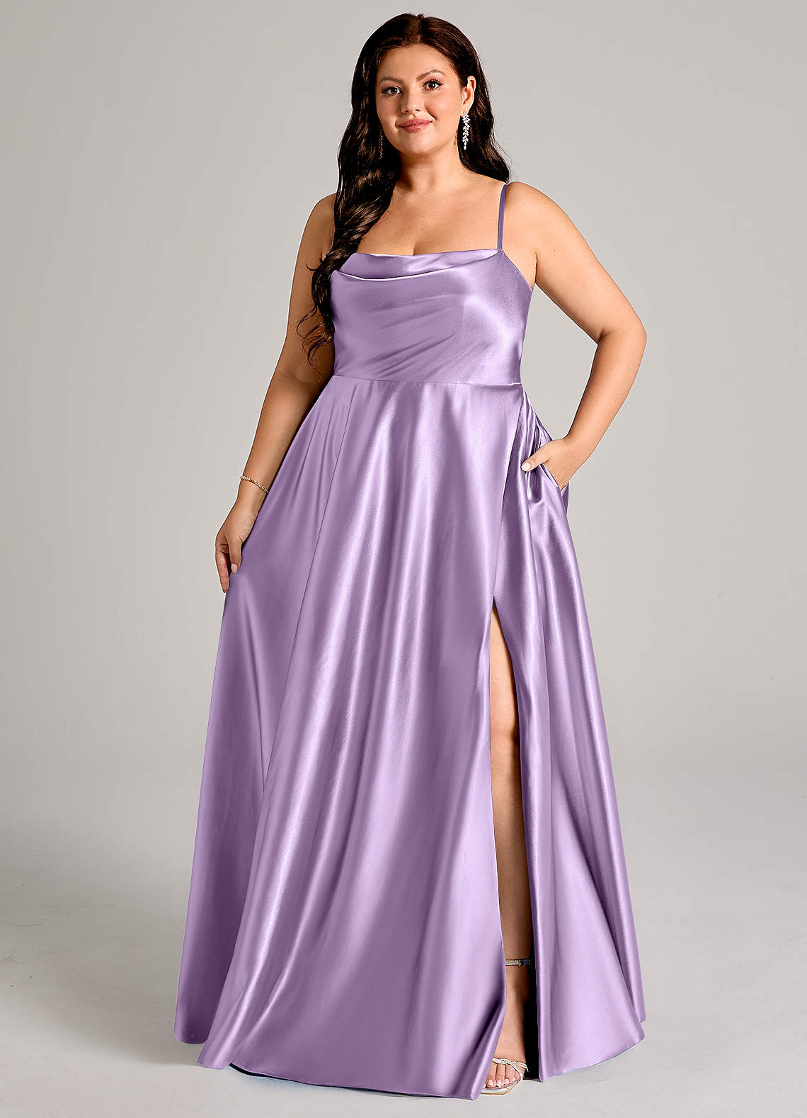 Azazie Elle Bridesmaid Dresses Lilac A-Line with Pockets Metallic Satin Dress image1