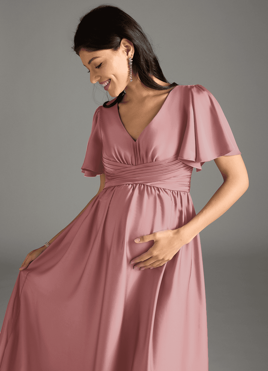 Azazie Verna Maternity Bridesmaid Dresses A-Line Ruched Stretch Satin Floor-Length Dress image1