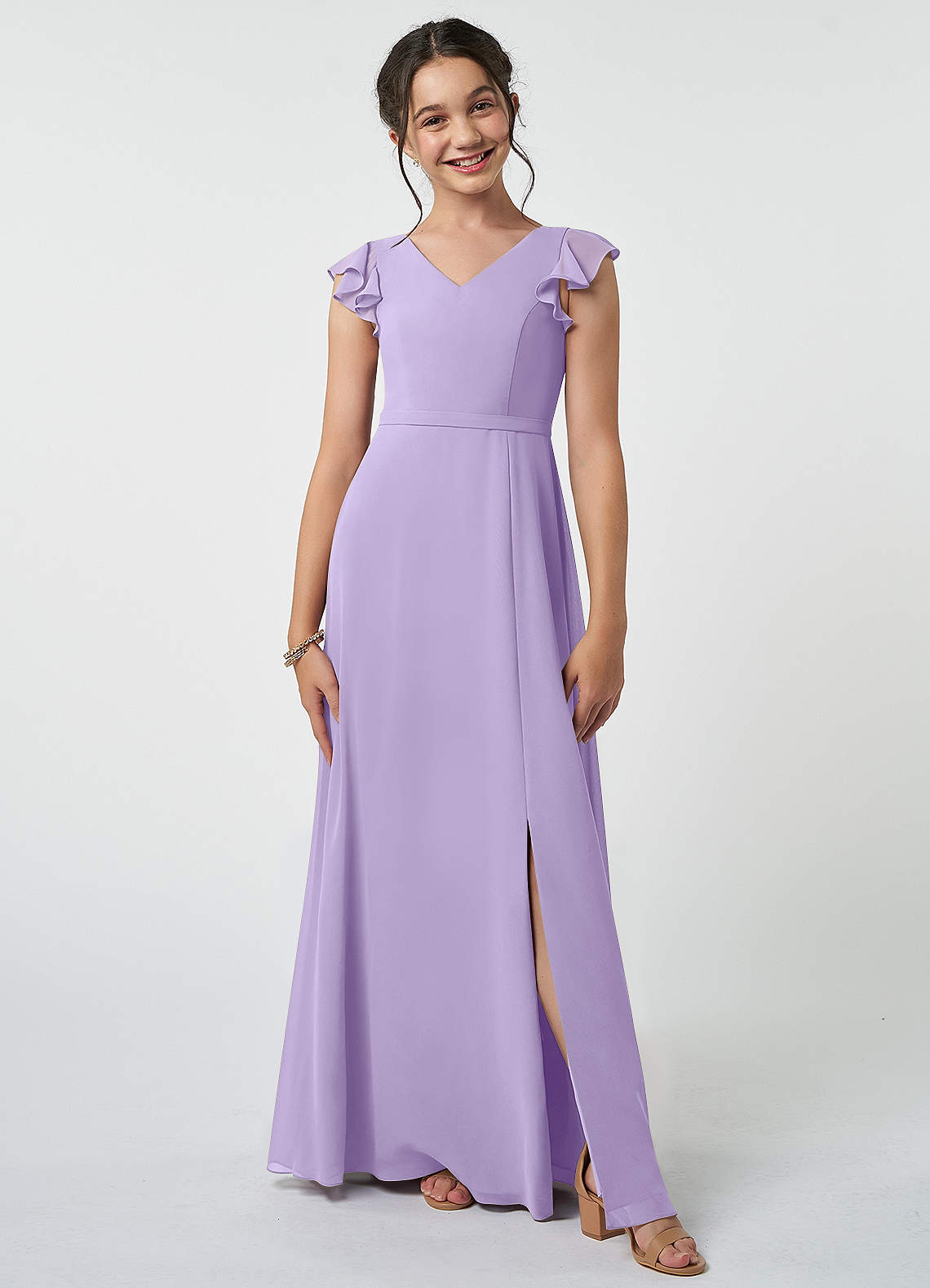 Azazie Claudine Junior Robe Trapèze en Mousseline de soie Plissée Lilas image1