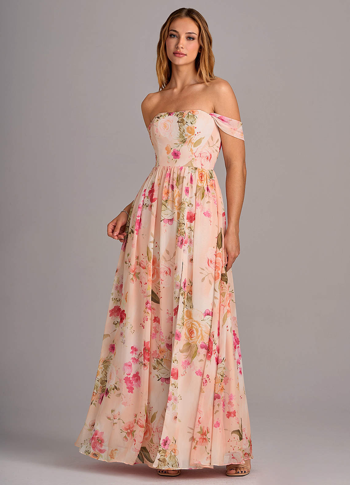 Azazie Calianna Robes de demoiselle d'honneur Robe Trapèze Convertible en Mousseline de soie Épaule décolletée Bouquet Florale Abstrait image2