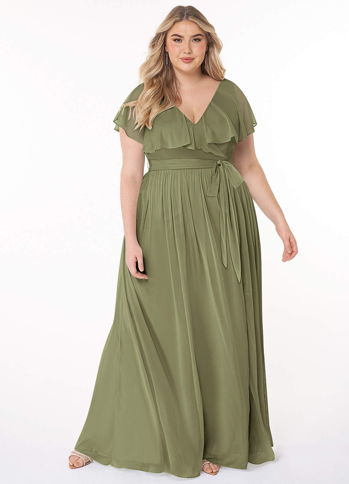 Azazie Jael Brautjungfernkleider A-Linie V-Hals Gittergewebe Kleid Pistazie image1
