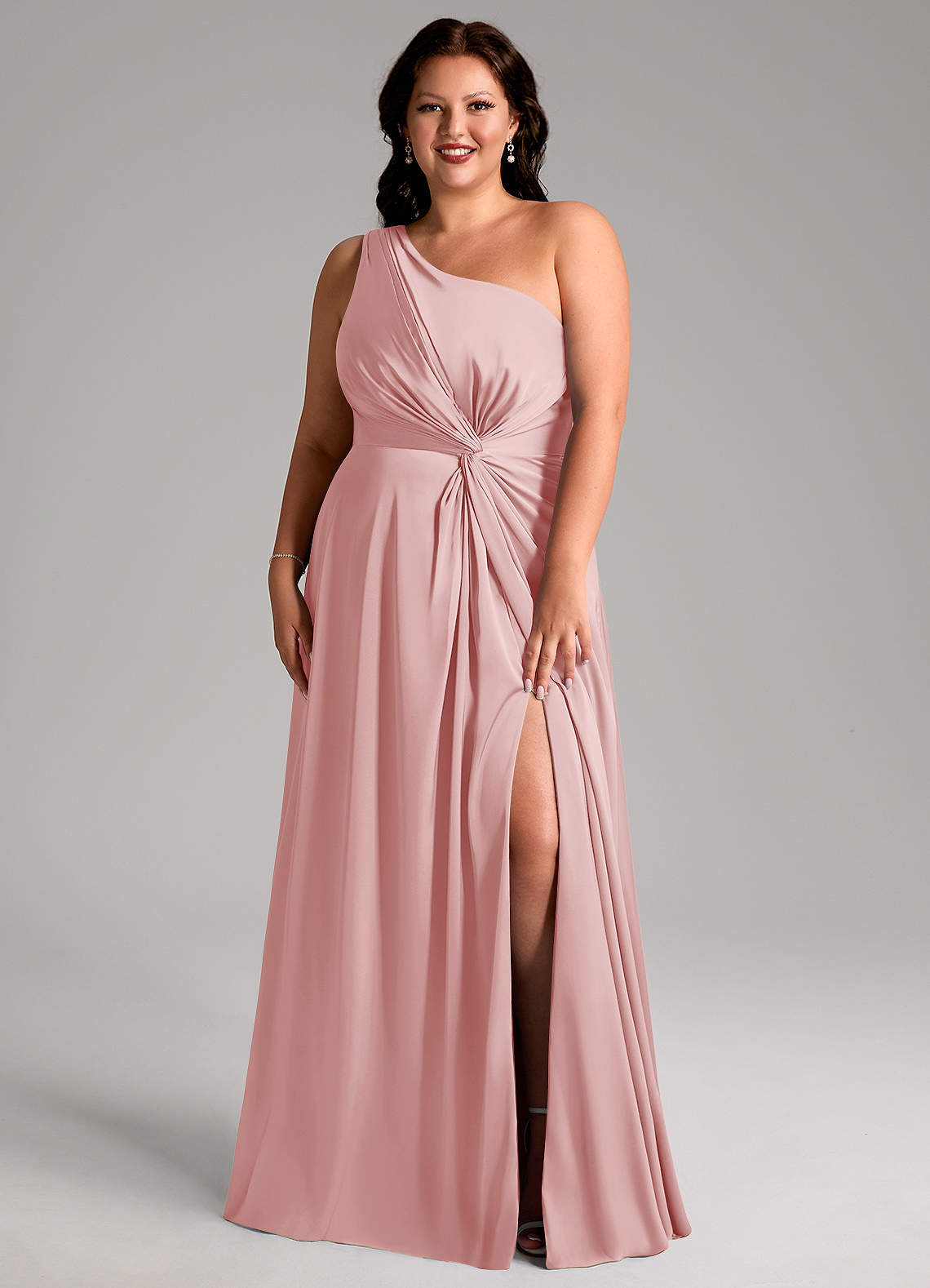 Azazie Brooke Bridesmaid Dresses Powder Pink A-Line One Shoulder Stretch Satin Dress image8