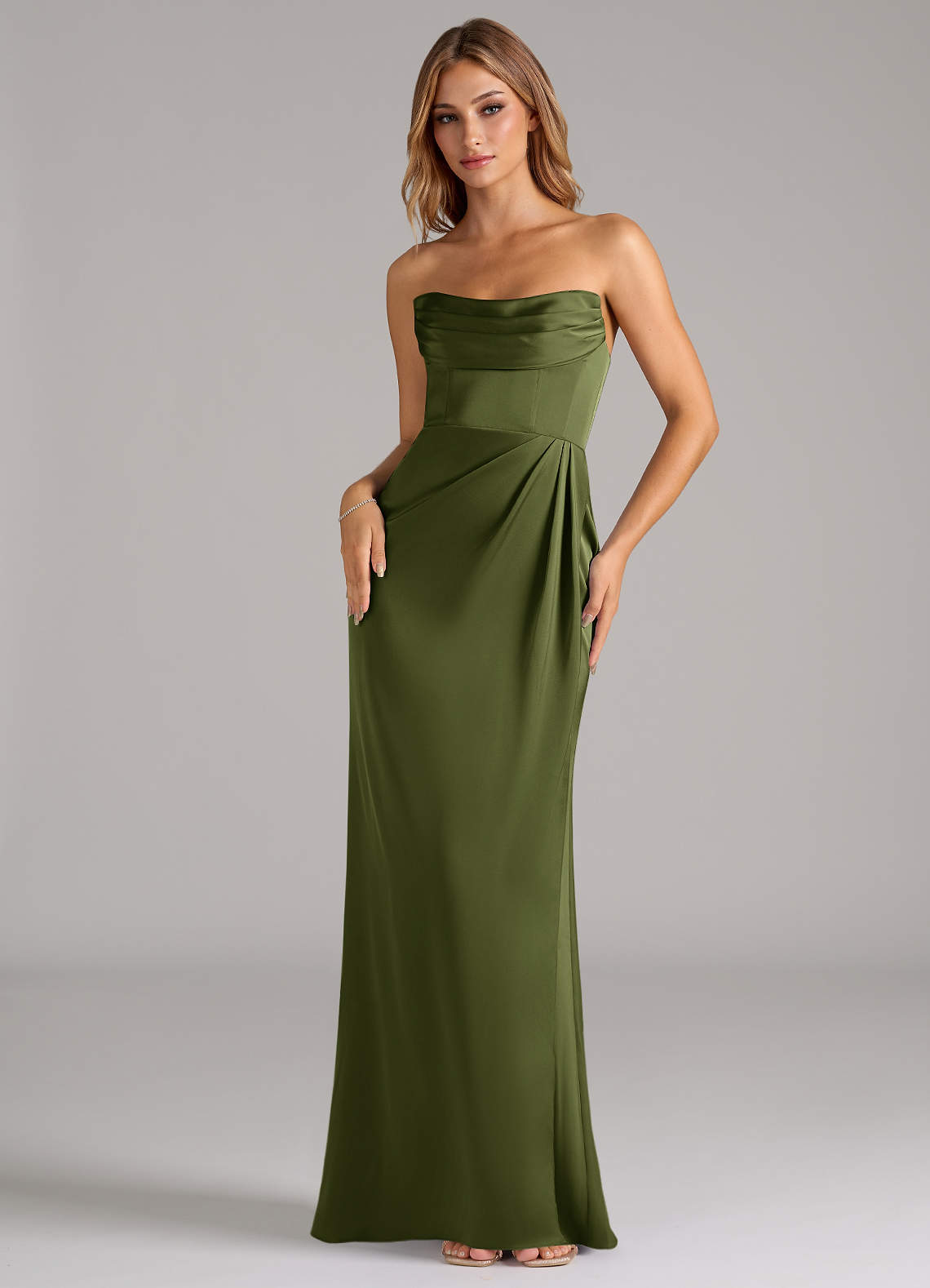 Azazie Johana Bridesmaid Dresses Olive Mermaid Off the Shoulder Stretch Satin Convertible Dress image4