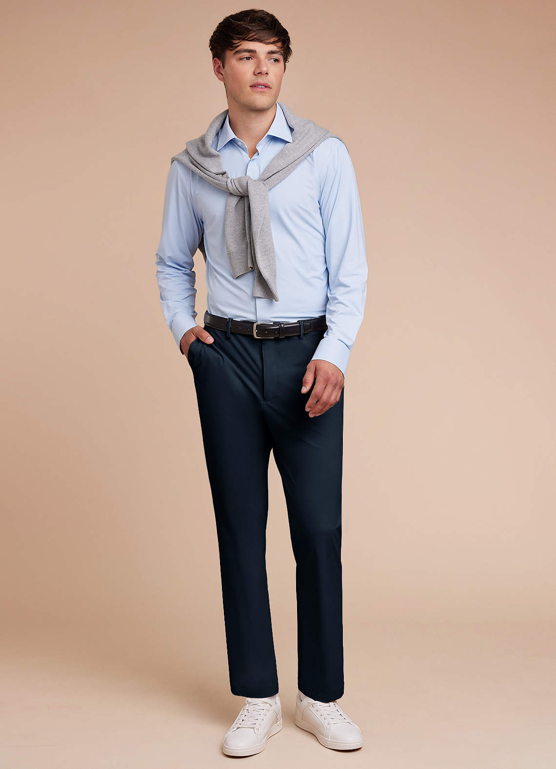 front Vincent Navy Blue Structured High Stretch Dress Pants