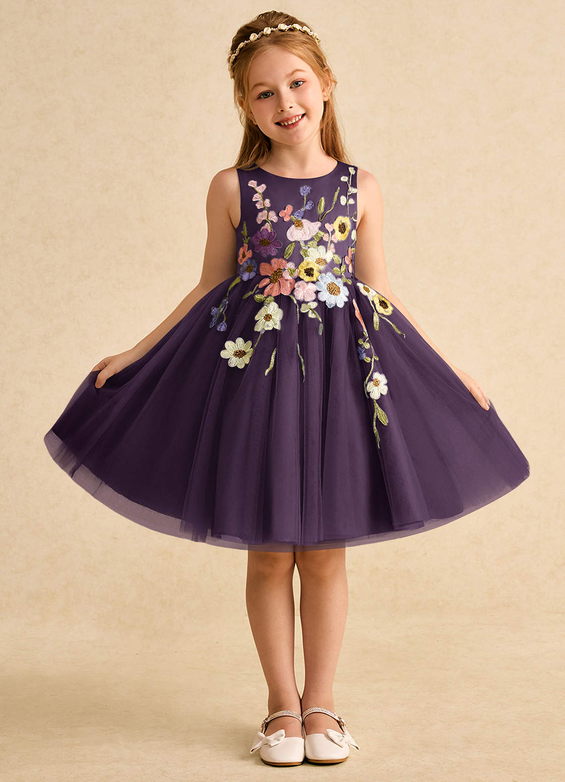 Azazie Prima Abiti da Ragazza di Fiori Abito A-Line in Tulle Fiocco Prugna image1