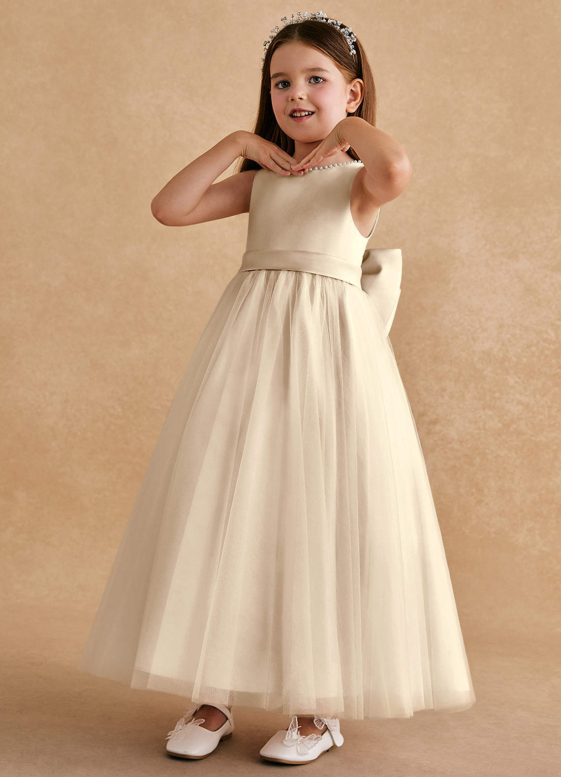 Azazie Cookie Flower Girl Dresses Champagne A-Line Bow Tulle Dress image3