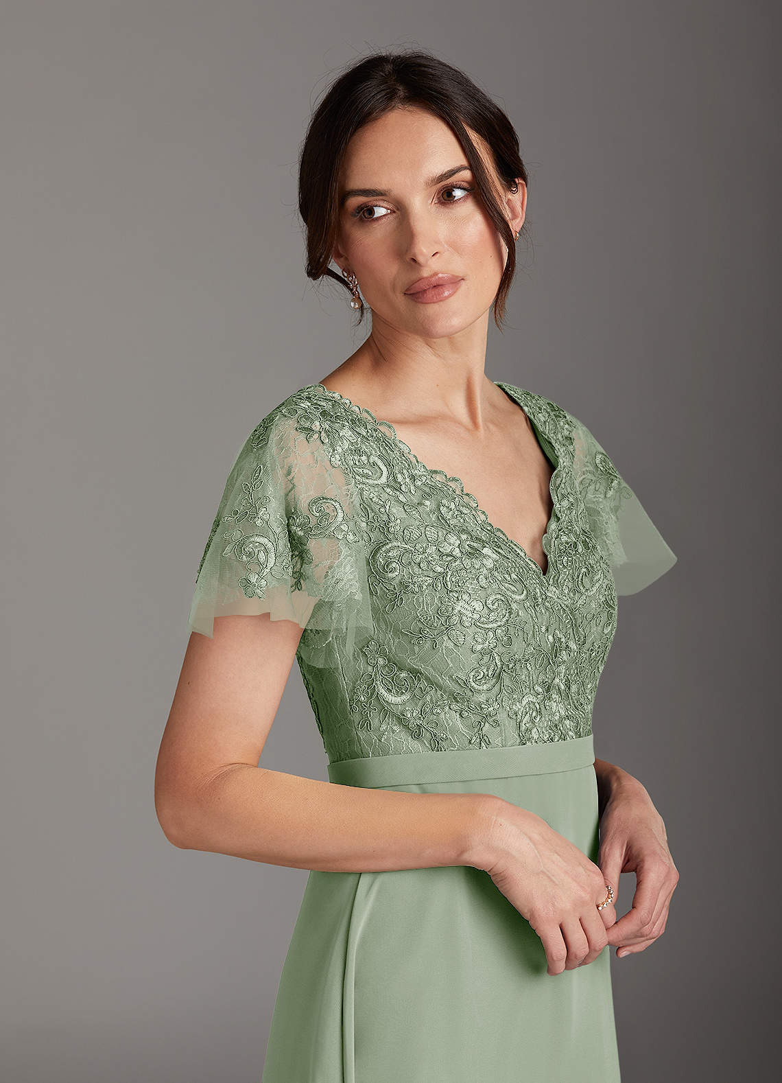 Azazie Singer Dusty Sage A-Line V-Neck Lace Chiffon Dress | Azazie