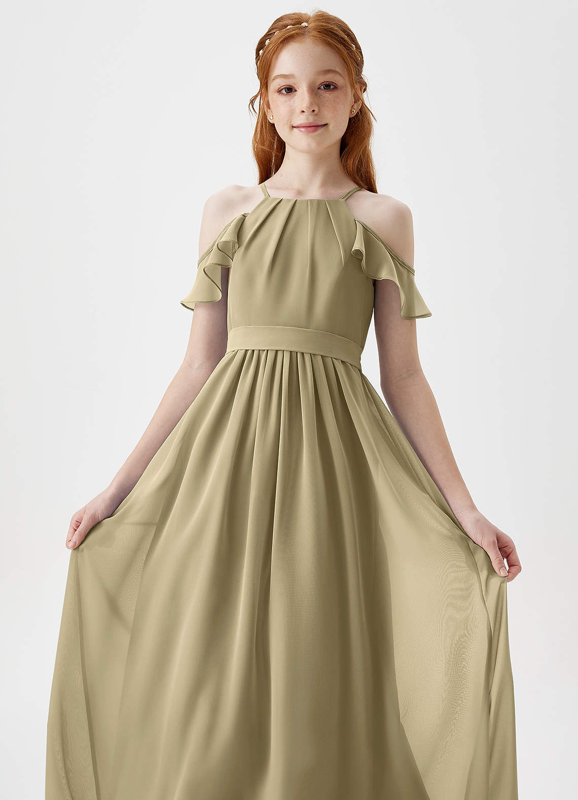 Azazie Chaya Junior Moss Green A-Line Off the Shoulder Chiffon Dress image1