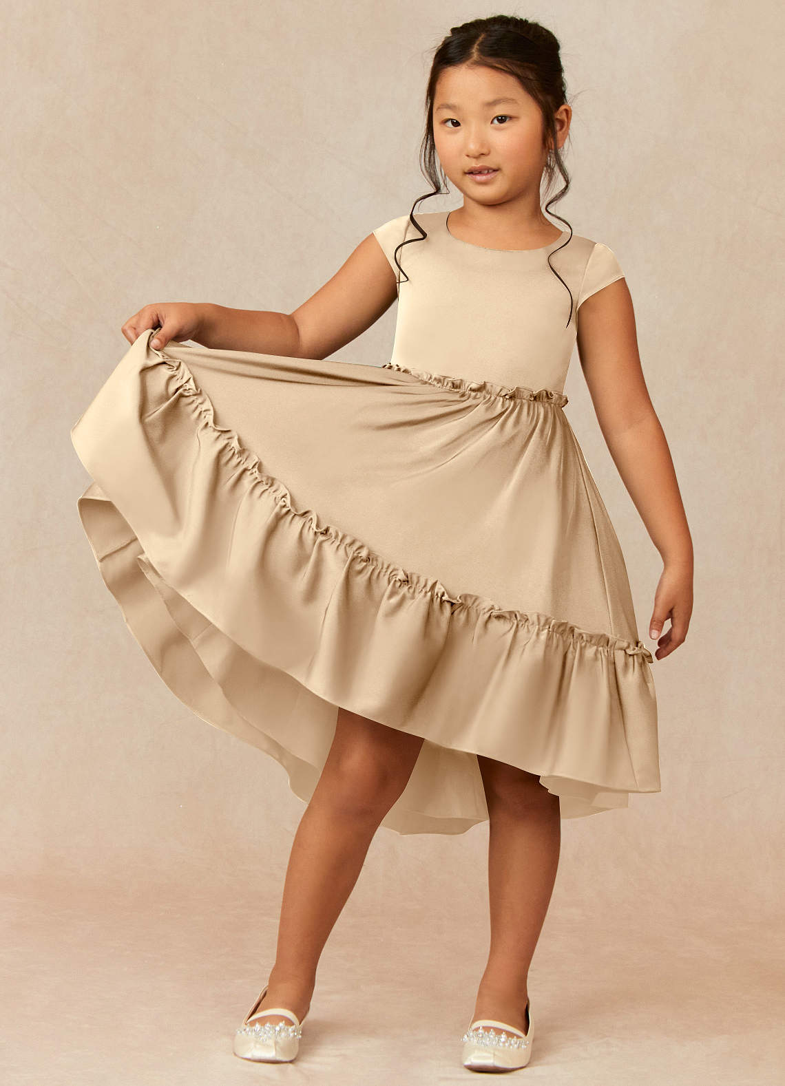 Azazie Lee Flower Girl Dresses Champagne A-Line Bow Stretch Satin Dress image1