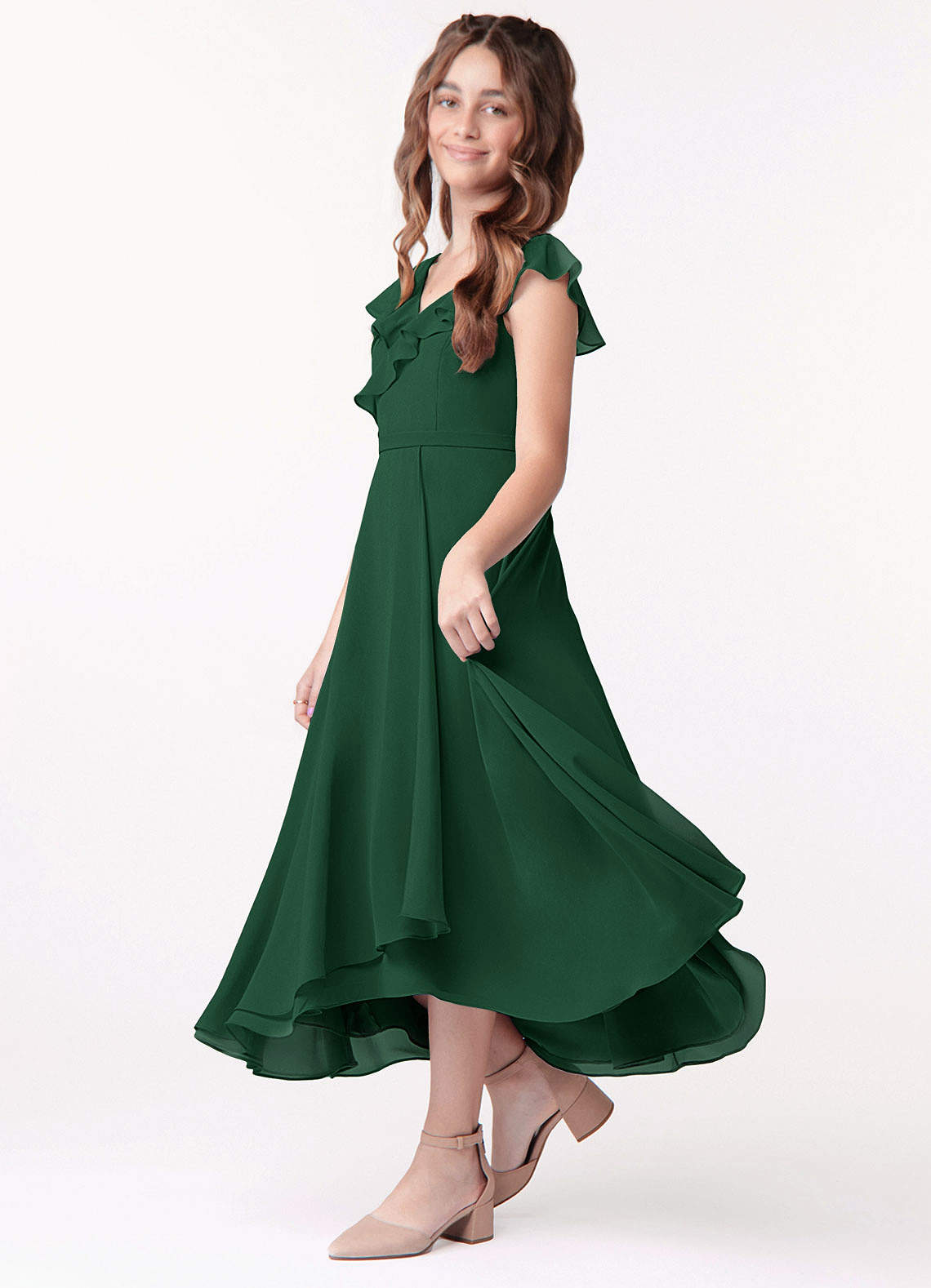 Azazie Posie Junior Dark Green A-Line Ruched Chiffon Dress image1