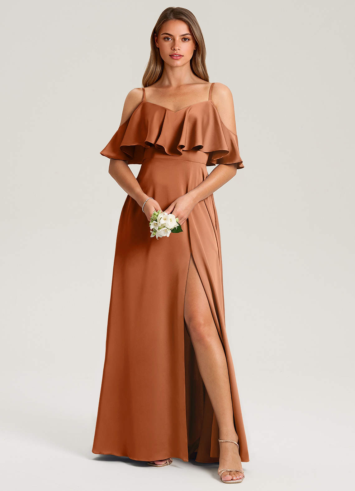 Azazie Jean Bridesmaid Dresses Copper A-Line Off the Shoulder Stretch Satin Dress image1