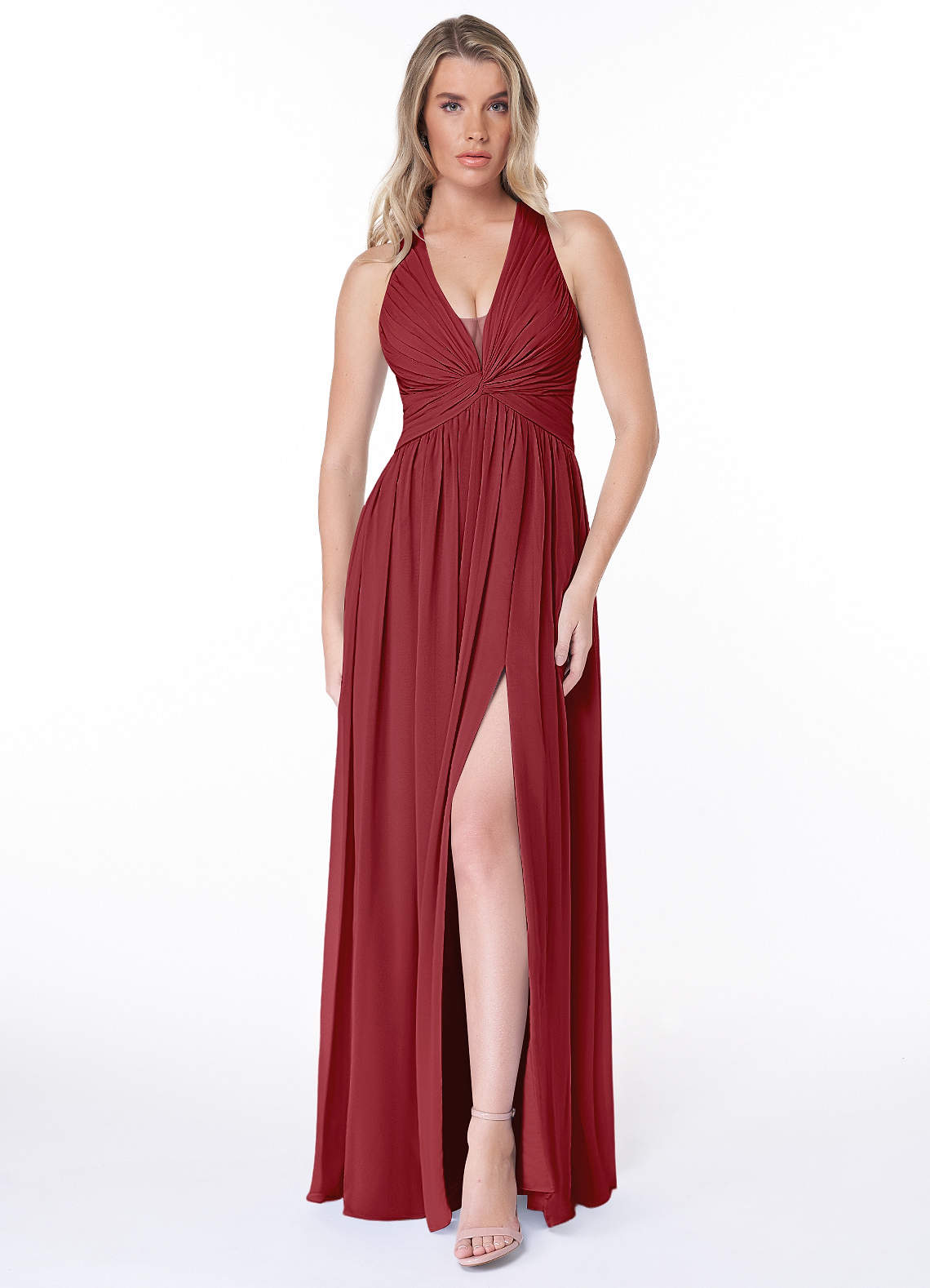 Azazie Jaclyn Brautjungfernkleider A-Linie Plissee Chiffon Kleid Granatapfelrot image1