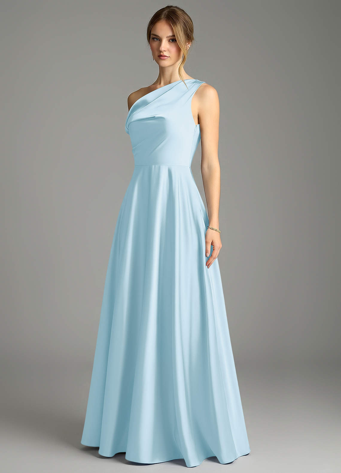 Azazie Xanthe Jurken voor bruidsmeisjes Jurk van Stretch Satijn met A-Lijn Off the Shoulder Hemelsblauw image3