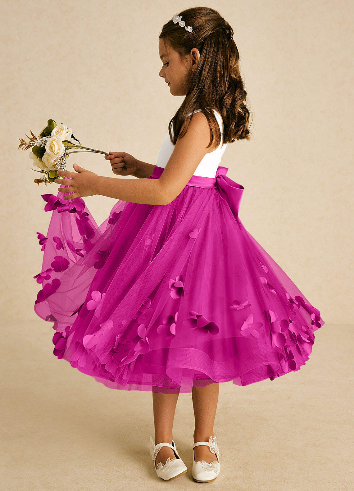 Azazie Sprout Blumenmädchenkleider A-Linie Schleifen Tüll Kleid Fuchsia image3