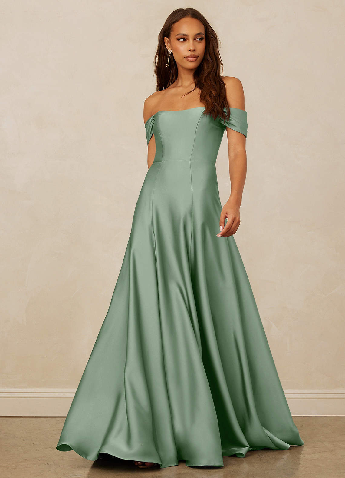 Christian Siriano Bridal for Azazie 1002 Bridesmaid Dresses Matcha A-Line Off the Shoulder Stretch Satin Convertible Dress image1