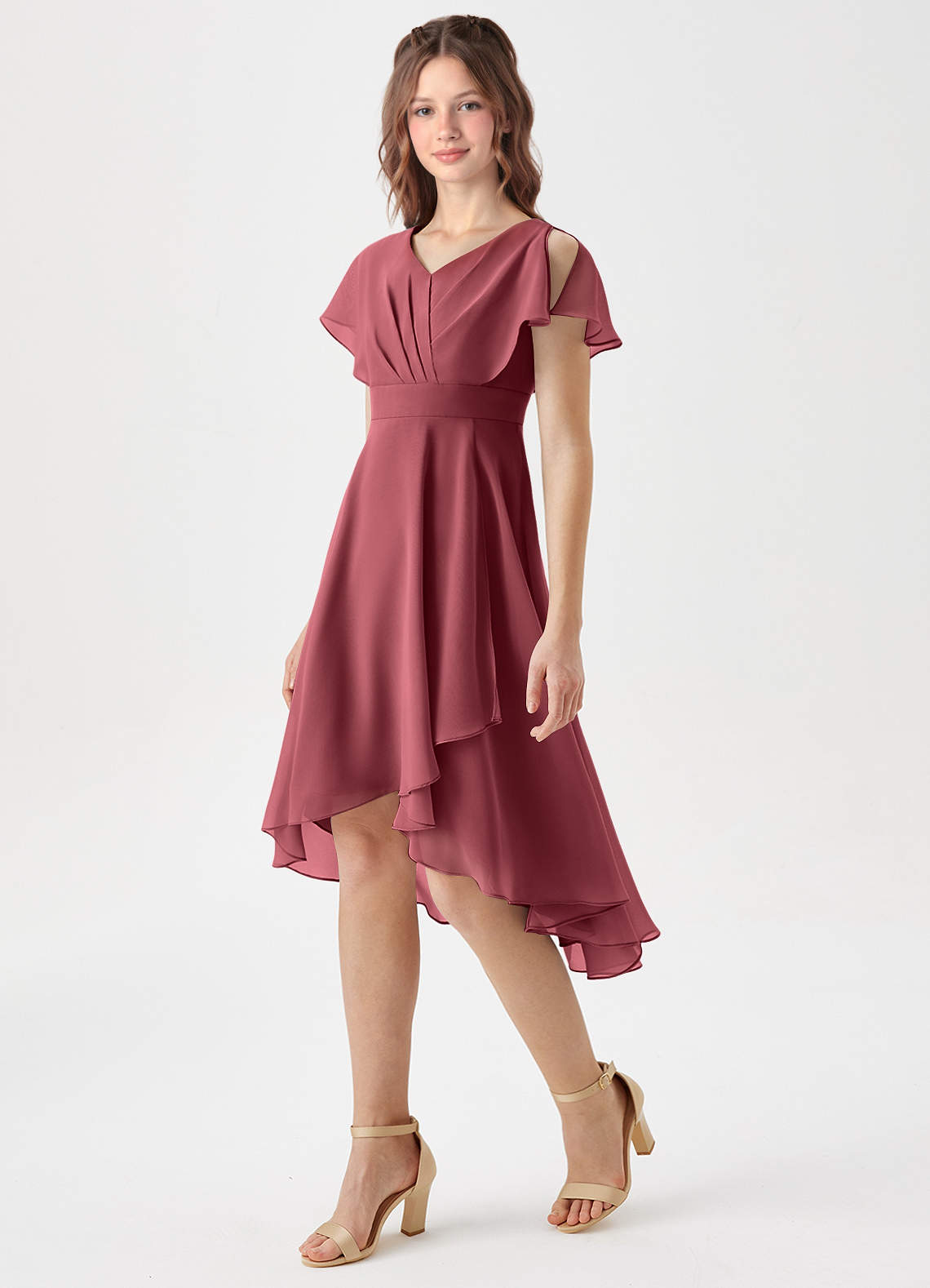 Azazie Graciela Junior Merlot A-Line Pleated Chiffon Dress image1