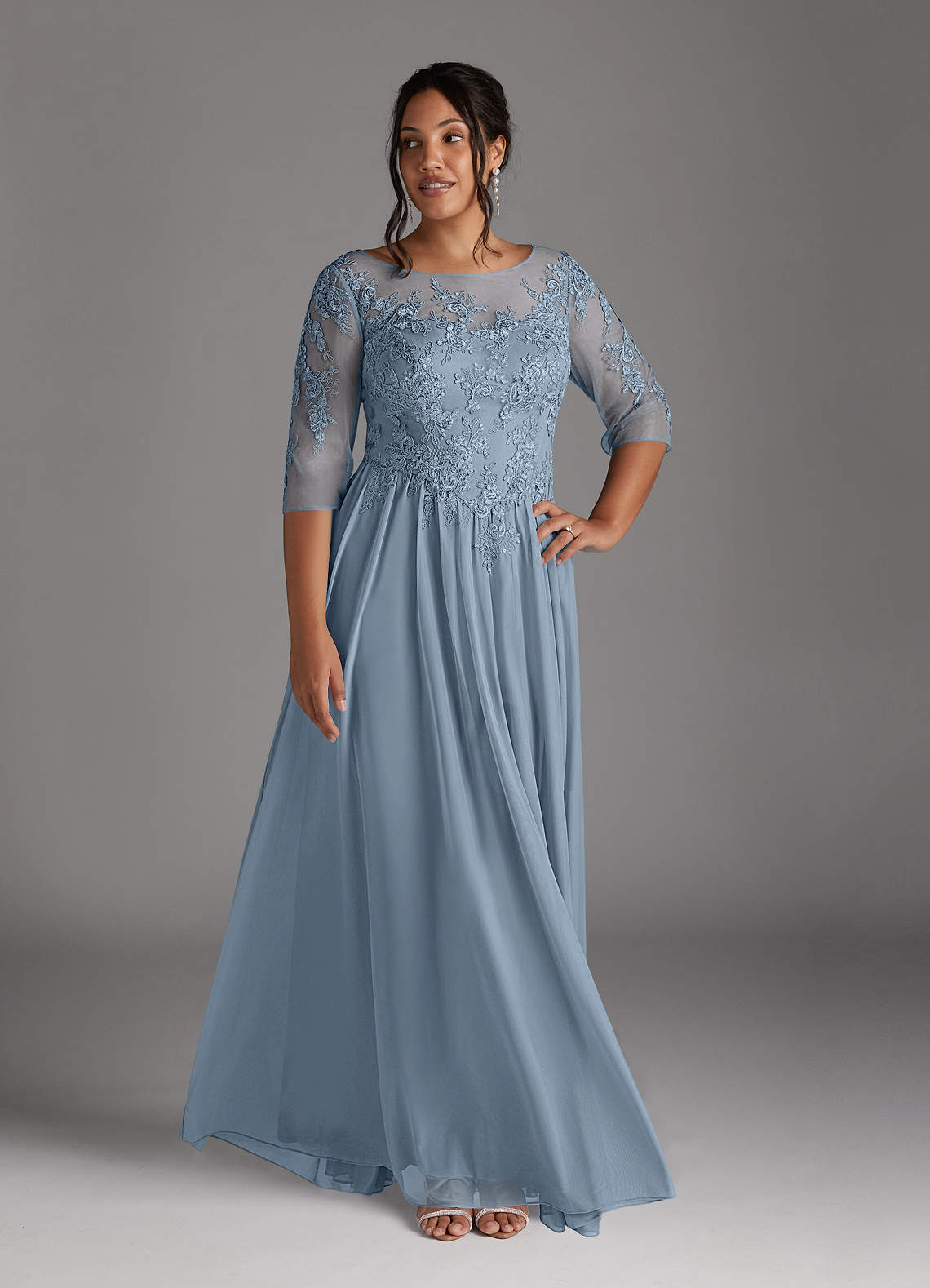 Azazie Harriet Mère de la mariée Robes Robe Trapèze en Maille Dentelle en forme d'anneau Bleu Poussiéreux image1