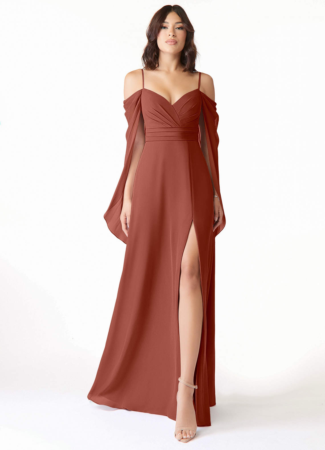 Azazie Cienna Bridesmaid Dresses Auburn A-Line Off the Shoulder Chiffon Dress image1