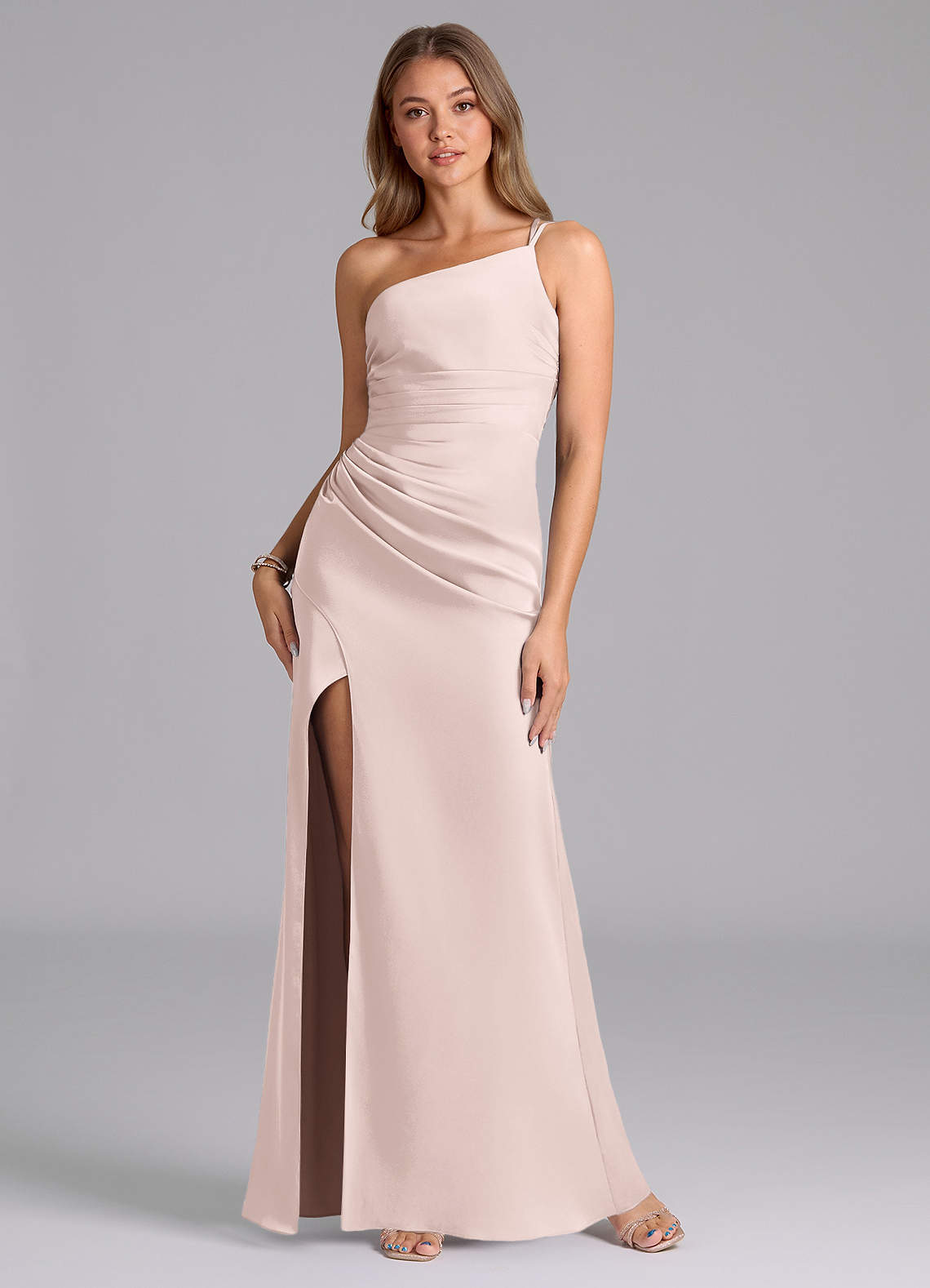 Azazie Eren Vestidos de damas de honor Vestido de Rosa Rubor de Satén Elástico de Corte Sirena con Hombro unilateral image1