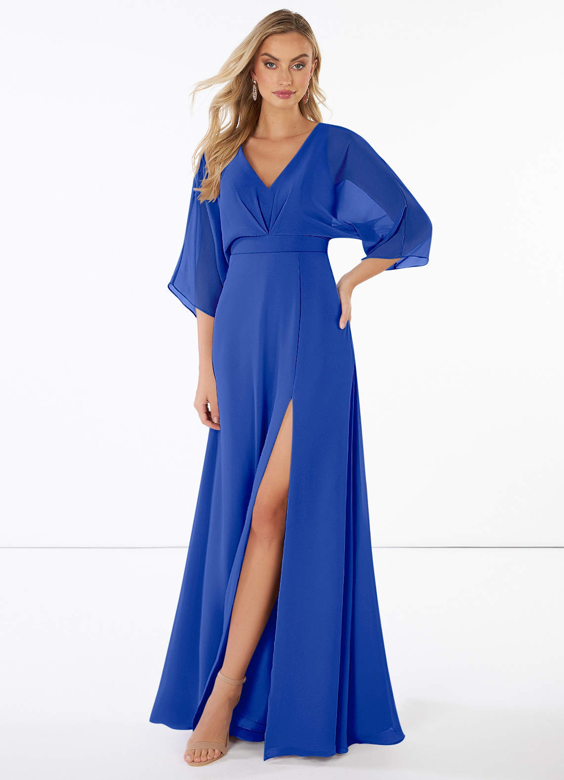 Azazie Rebecca Bridesmaid Dresses A-Line V-Neck Long Sleeve Chiffon Floor-Length Dress image1