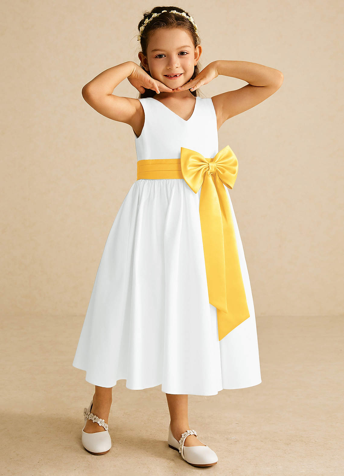 Azazie Darling Flower Girl Dresses Ivory Marigold A-Line Bow Cotton Dress image1