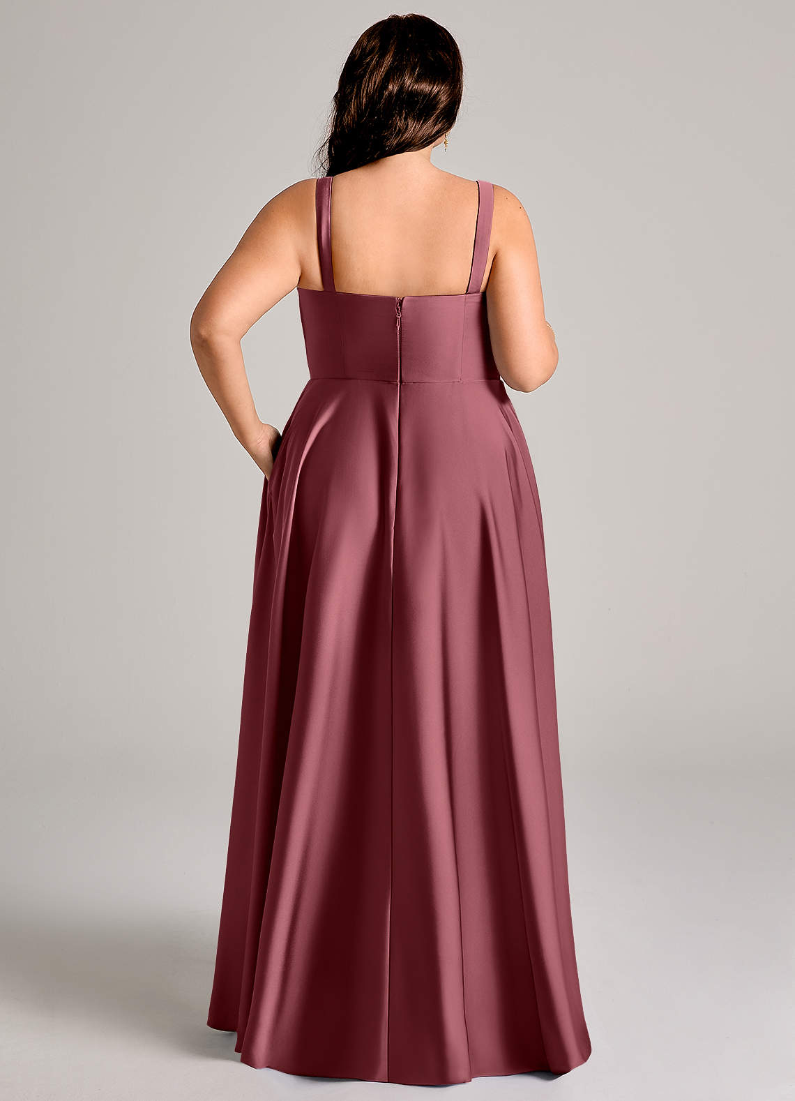 Azazie Plus Size A-Line Square Neck Floor-Length Stretch Satin Bridesmaid Dresses - Desert Rose