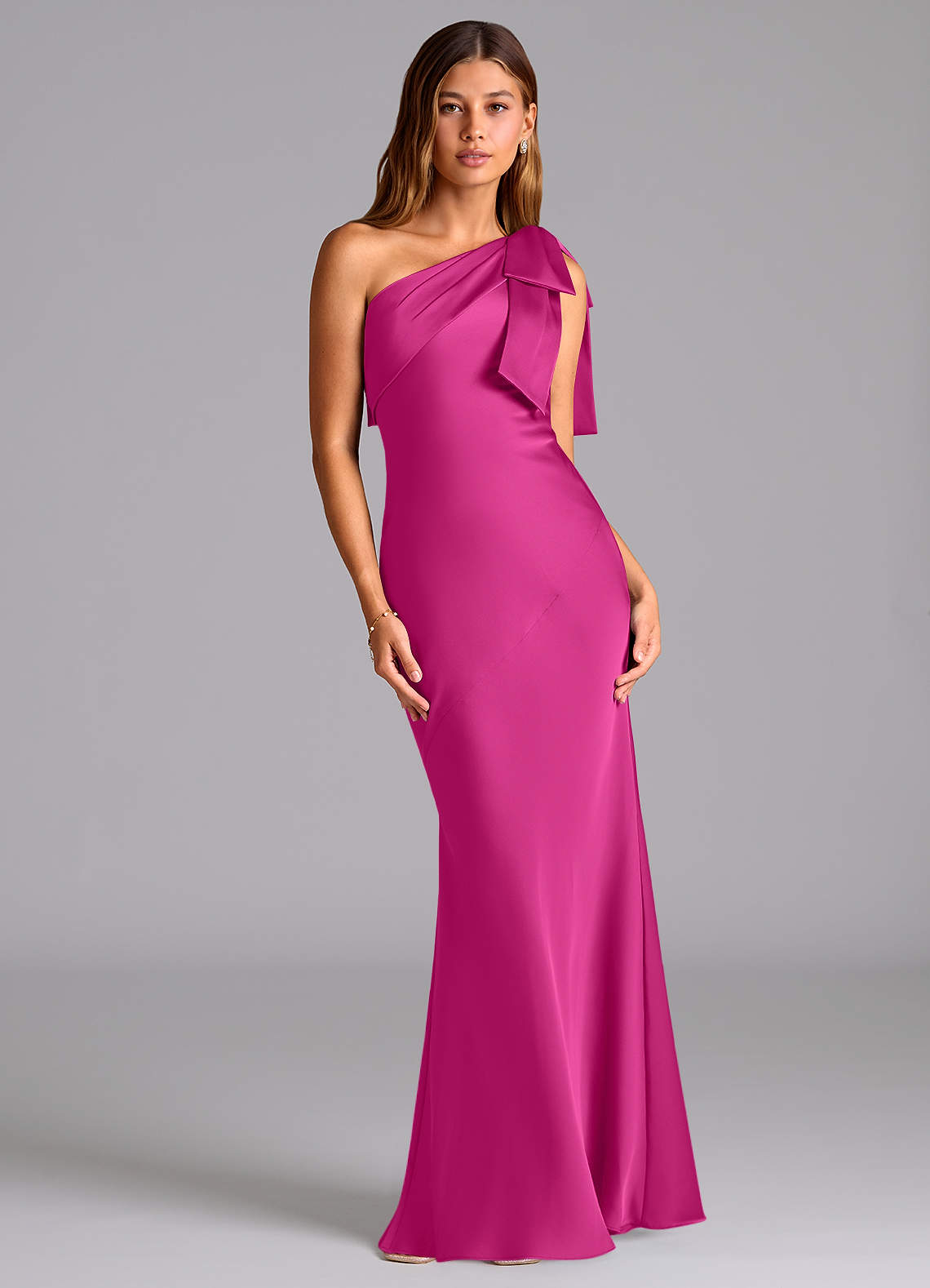Azazie Yuanna Bridesmaid Dresses Fuchsia Mermaid One Shoulder Stretch Satin Dress image1