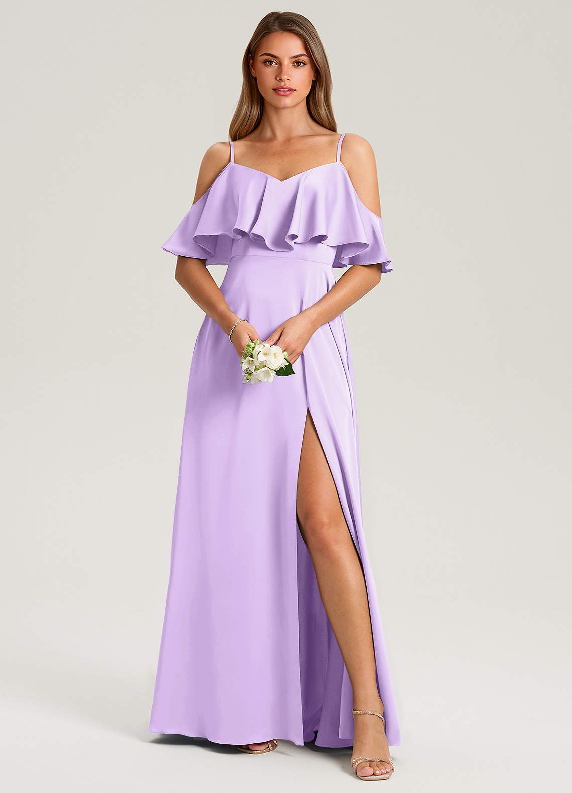 Azazie Jean Bridesmaid Dresses Lilac A-Line Off the Shoulder Stretch Satin Dress image1