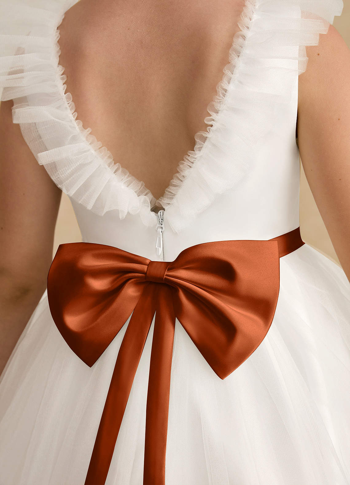 Azazie Amber Flower Girl Dresses Ivory Burnt Orange A-Line Bow Tulle Dress image4