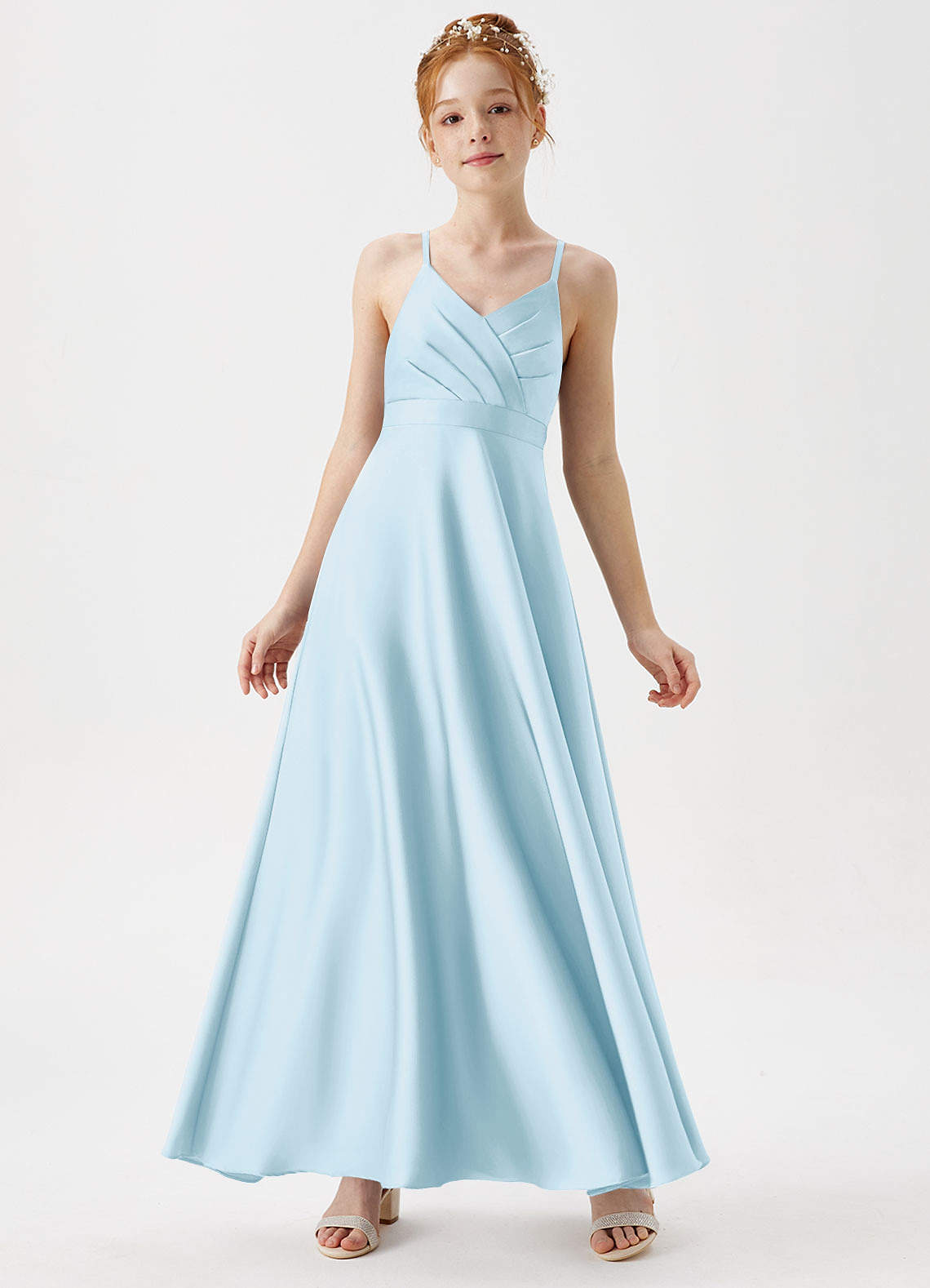 Azazie Avelina Junior A-Linie Plissee Stretch-Satin Kleid Himmelblau image1