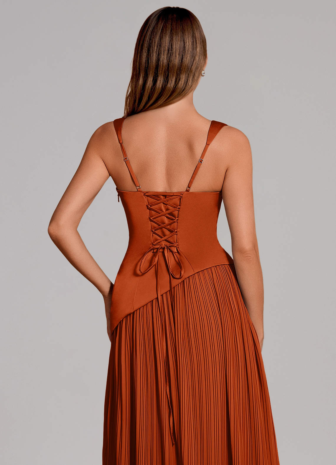 Azazie Stephanie Bridesmaid Dresses Burnt Orange A-Line Pleated Stretch Satin Dress image1