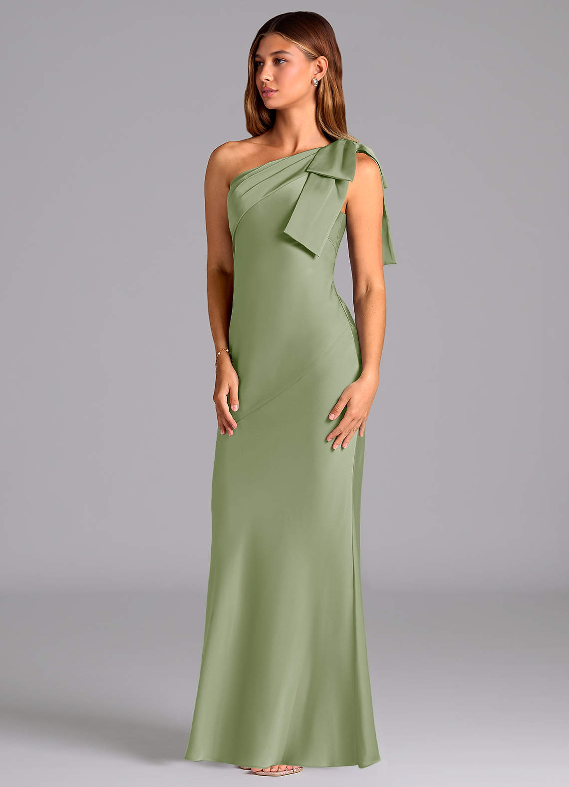 Azazie Yuanna Bridesmaid Dresses Dusty Sage Mermaid One Shoulder Stretch Satin Dress image3