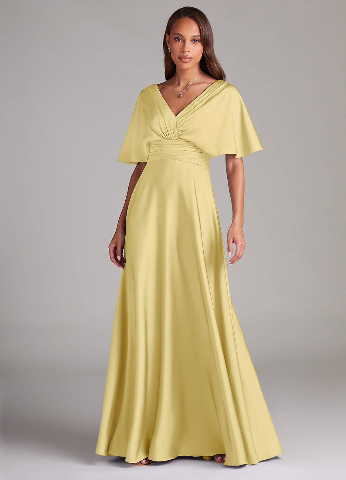 Azazie Pamela Robes de demoiselle d'honneur Robe Trapèze en Satin extensible Plissée Sorbet Citron image1