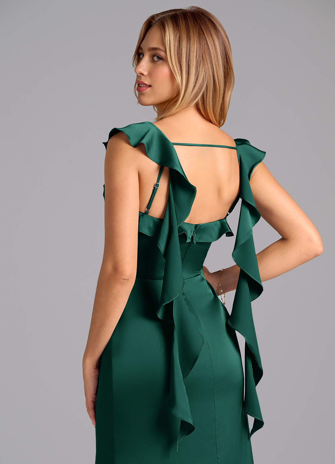 azazie emerald green dress Adi Ready to Ship Stretch Satin Bridesmaid Dresses emerald green